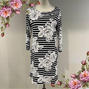 Lands’ End long sleeve Black and White Striped Floral Dress size small‎